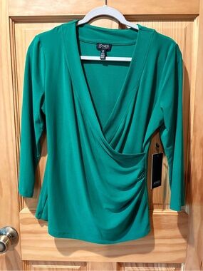 Jones New York Moss-Crepe Faux-Wrap 3/4-Sleeve Top NWT Deep Clover size S